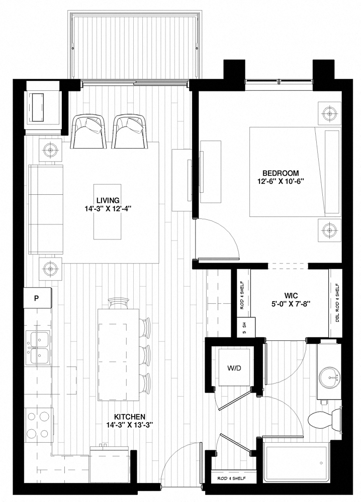 Floor plan for 1 bed, 1 bath, 721 sqft